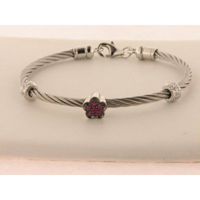 Pulsera Acero Plata Diamantes Rubi