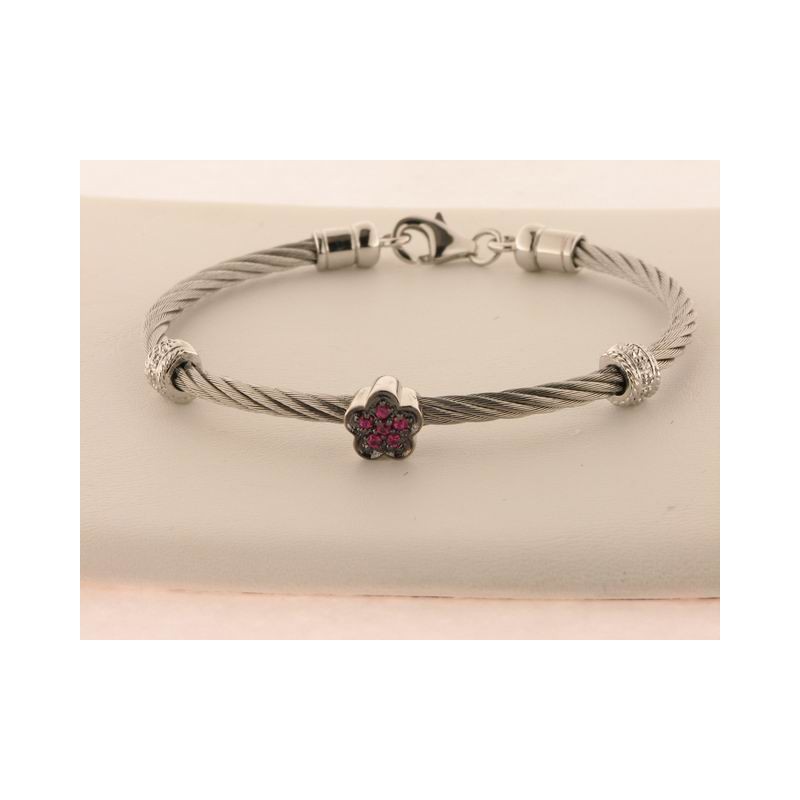 Pulsera Acero Plata Diamantes Rubi