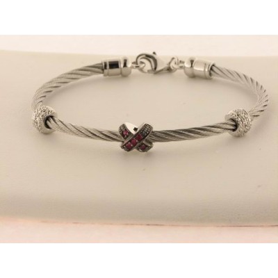 Pulsera Acero Plata Diamantes y Rubi
