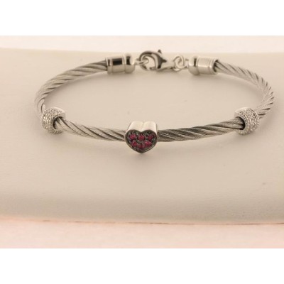 Pulsera Acero Plata Diamantes Rubi