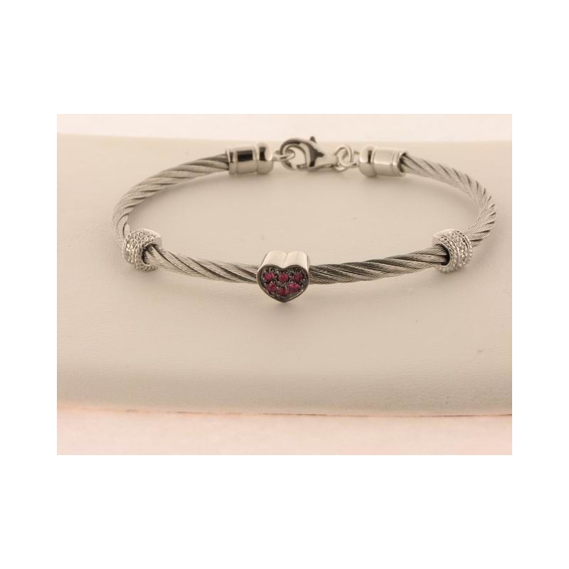 Pulsera Acero Plata Diamantes Rubi