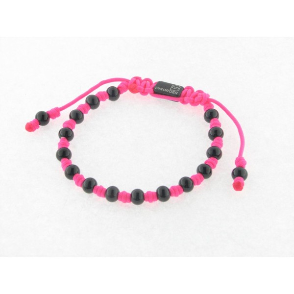 Disorder Pulsera Hilo Rosa Bolas 6 mm Acero Negro