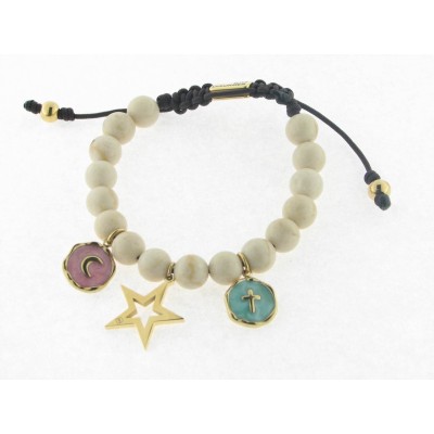 Disorder Pulsera Hilo Marron Bolas 8 mm Jaspe Acero Dorado