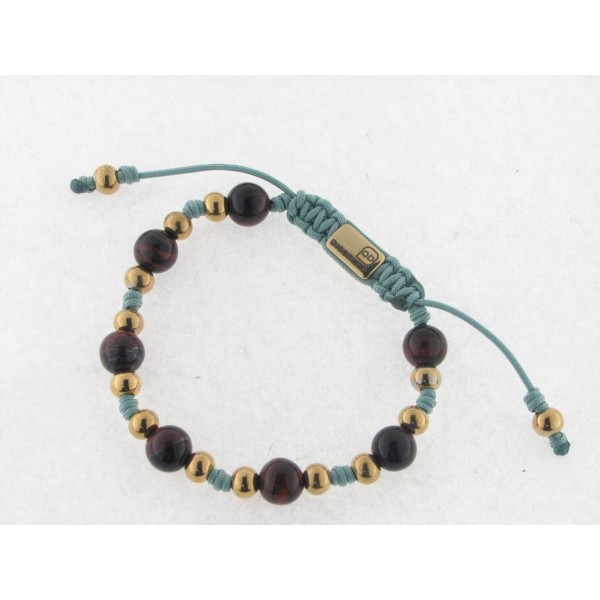 Disorder Pulsera Hilo Verde Bolas 8 mm Marron Acero Dorado