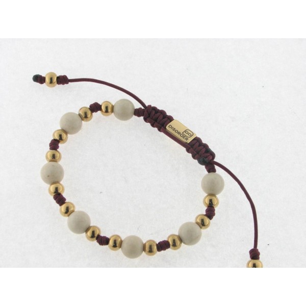 Disorder Pulsera Hilo Burdeos Bolas 8 mm Beige Acero Dorado