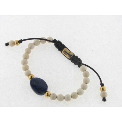 Disorder Pulsera Hilo Marron Bolas 6 mm Beige Acero Dorado