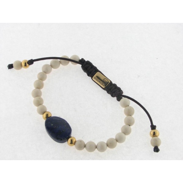 Disorder Pulsera Hilo Marron Bolas 6 mm Beige Acero Dorado