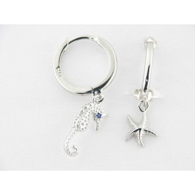 Pendientes Aro Plata Colgante Caballito Mar