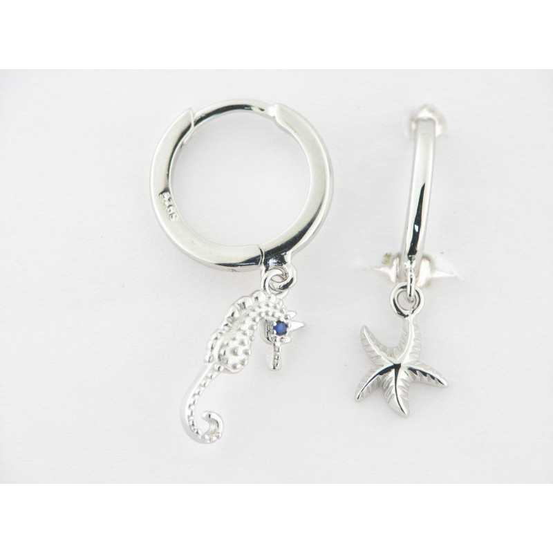 Pendientes Aro Plata Colgante Caballito Mar