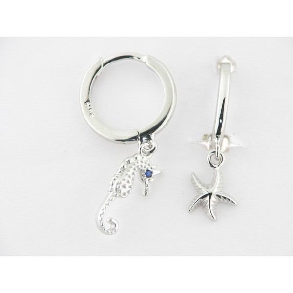 Pendientes Aro Plata Colgante Caballito Mar