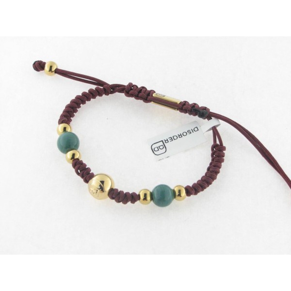 Disorder Pulsera Hilo Burdeos Bolas 8 mm Acero Dorado