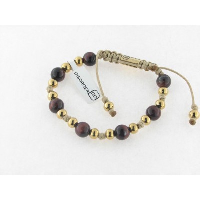 Disorder Pulsera Hilo Beige Bolas 8 mm Caoba Acero Doradp