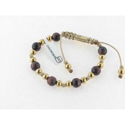 Disorder Pulsera Hilo Beige Bolas 8 mm Caoba Acero Doradp