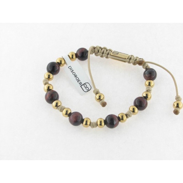 Disorder Pulsera Hilo Beige Bolas 8 mm Caoba Acero Doradp