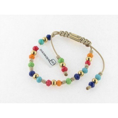 Disorder Pulsera Hilo Beige Bolas 6 mm Acero Dorado