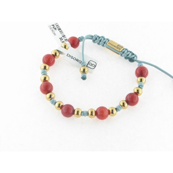 Disorder Pulsera Hilo Verde Bolas 8 mm Rojo Acero Dorado