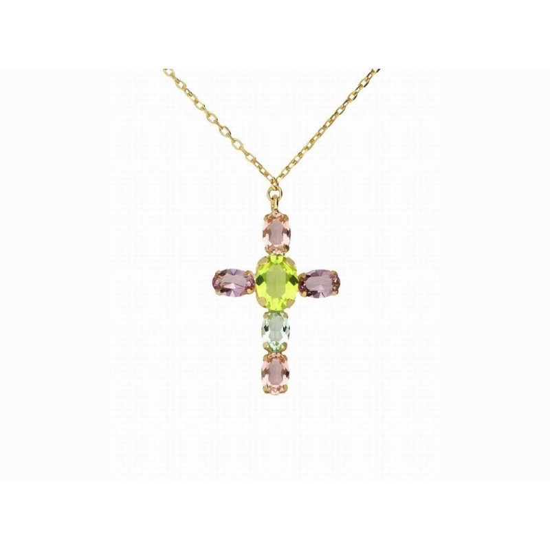 Victoria Cruz Collar Corto Cruz Plata Baño Oro Piedras
