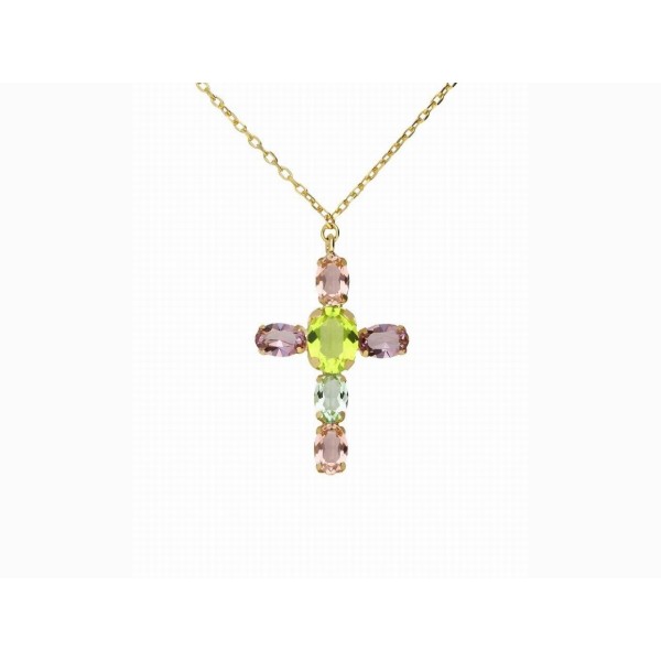 Victoria Cruz Collar Corto Cruz Plata Baño Oro Piedras