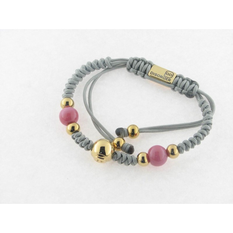 Disorder Pulsera Hilo Gris Bolas 8 mm Rosa Acero Dorado