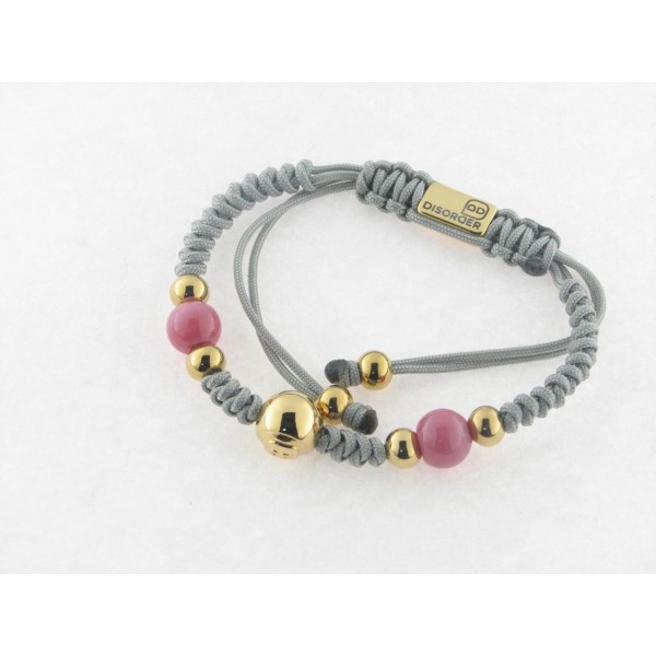 Disorder Pulsera Hilo Gris Bolas 8 mm Rosa Acero Dorado