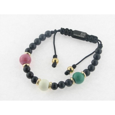 Disorder Pulsera Hilo Negro Bolas 8 mm Rosa Acero Dorado