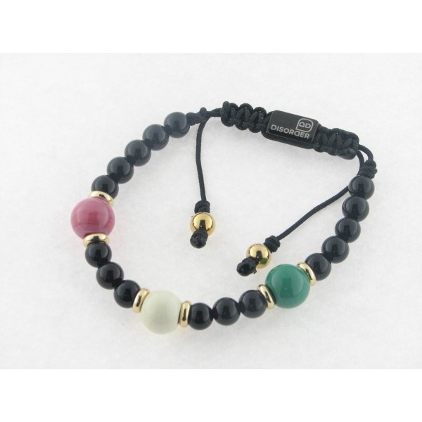 Disorder Pulsera Hilo Negro Bolas 8 mm Rosa Acero Dorado