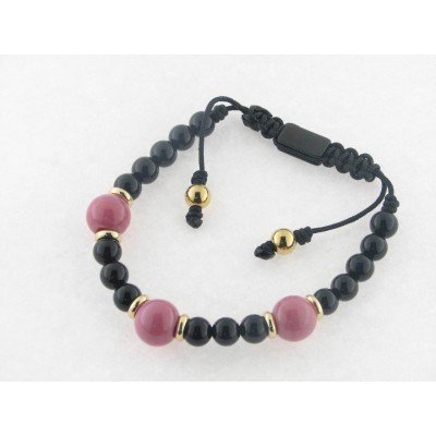 Disorder Pulsera Hilo Negro Bolas 8 mm Rosa Acero Dorado