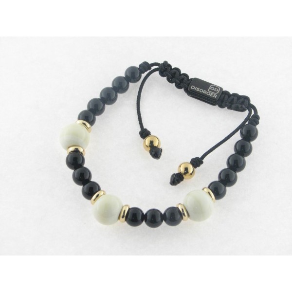 Disorder Pulsera Hilo Negro Bolas 8 mm Beige Acero Dorado