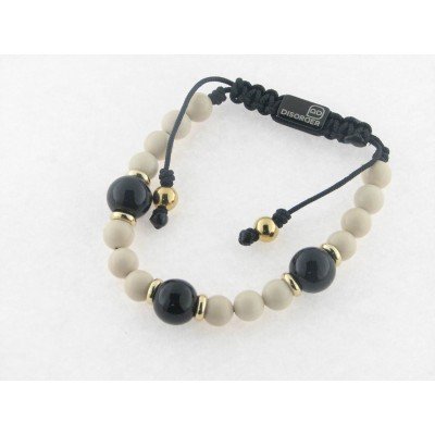Disorder Pulsera Hilo Negro Bolas 8 mm Negra Acero Dorado