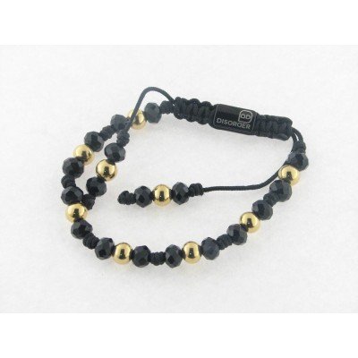 Disorder Pulsera Hilo Negro Bolas 6 mm Acero Dorado