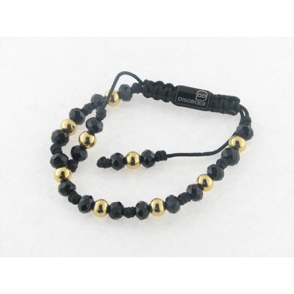 Disorder Pulsera Hilo Negro Bolas 6 mm Acero Dorado