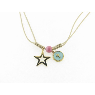 Disorder Collar Hilo Beige Charms Starrs Acero Dorado