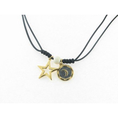 Disorder Collar Hilo Negro Charms Starrs Acero Dorado