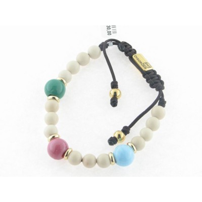 Disorder Pulsera Hilo Negro Bolas 8 mm Beige Acero Dorado