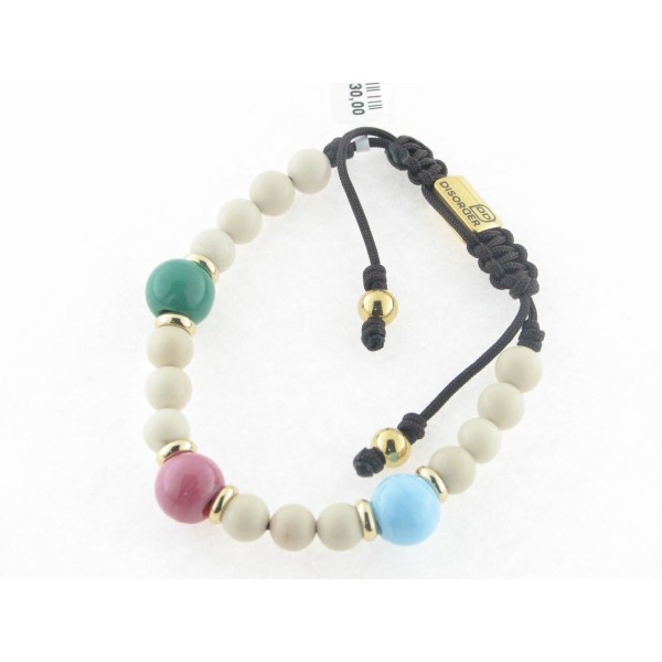 Disorder Pulsera Hilo Negro Bolas 8 mm Beige Acero Dorado