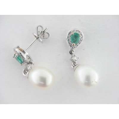 Pendientes Oro Blanco Diamante Esmeralda Perla