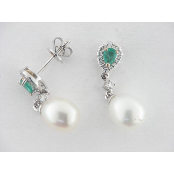 Pendientes Oro Blanco Diamante Esmeralda Perla