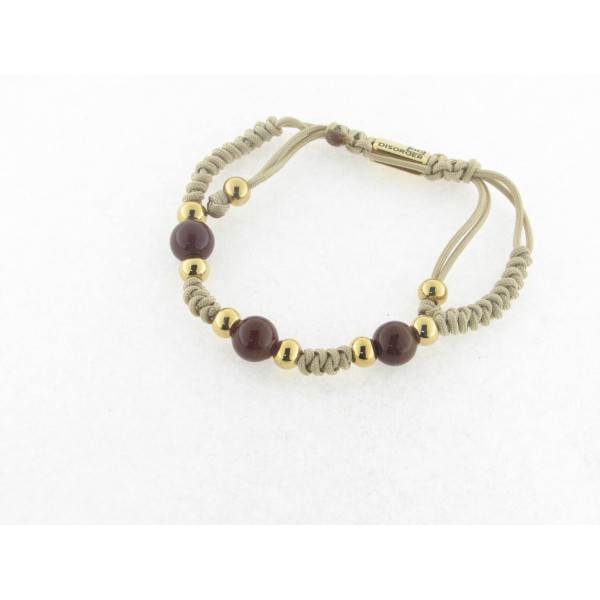 Disorder Pulsera Hilo Beige Bolas 8 mm Rojo Acero dorado