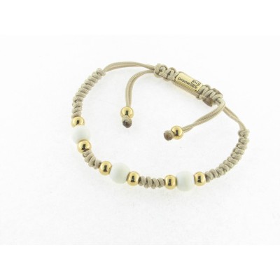 Disorder Pulsera Hilo Beige Bolas 8 mm Blancas Acero dorado