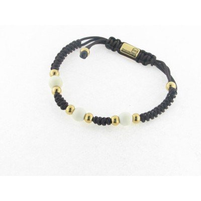 Disorder Pulsera Hilo Marrón Bolas 8 mm Blancas Acero dorado