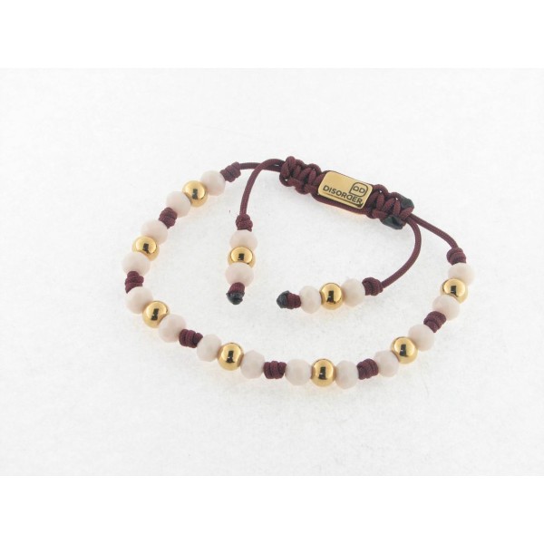 Disorder Pulsera Hilo Burdeos Bolas 6 mm Acero Dorado