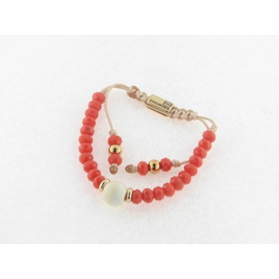 Disorder Pulsera Hilo Beige Bolas 6 mm Acero Dorado