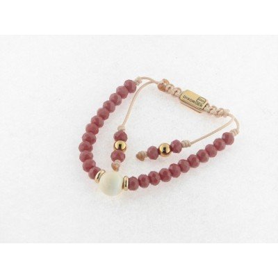 Disorder Pulsera Hilo Beige Bolas 6 mm Acero Dorado