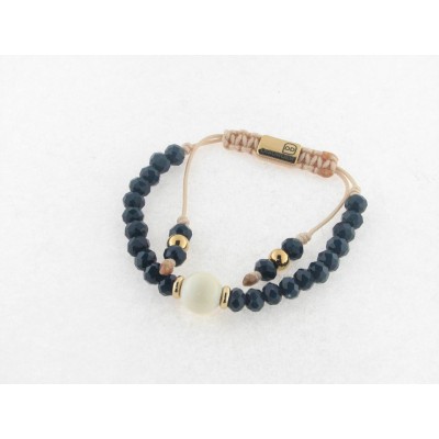 Disorder Pulsera Hilo Beige Bolas 6 mm Acero Dorado